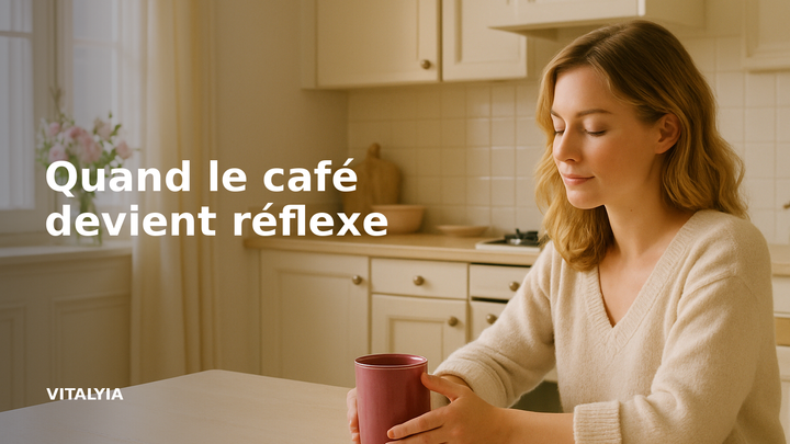 Main posée sur un mug dans une cuisine lumineuse