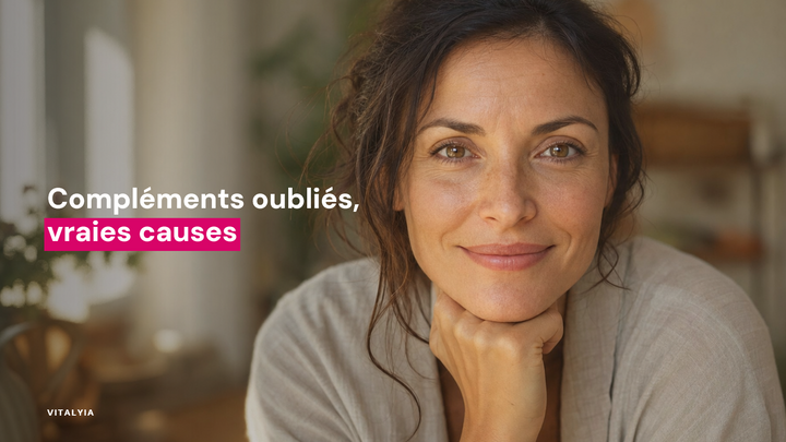 Une femme souriante appuie son menton sur sa main dans un intérieur lumineux et flou