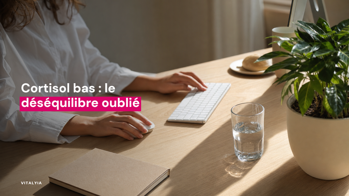 Personne travaillant à un bureau avec un clavier, un carnet, un verre d'eau et une plante
