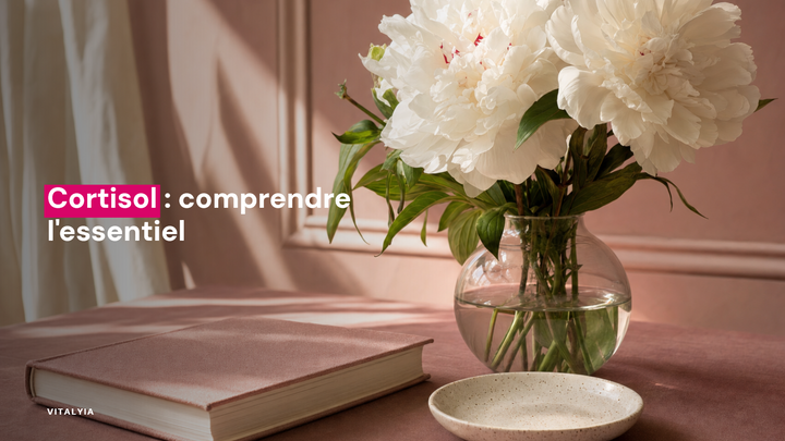 Un livre fermé, un vase de fleurs blanches et une petite assiette sur une table ensoleillée