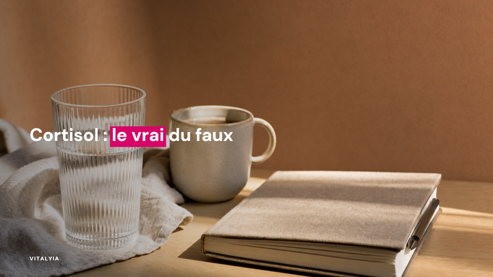 Un verre d'eau, une tasse et un livre sur une table en bois éclairée par la lumière du soleil