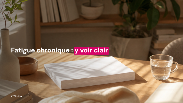Table en bois avec pile de papiers, tasse en verre, vase et plante