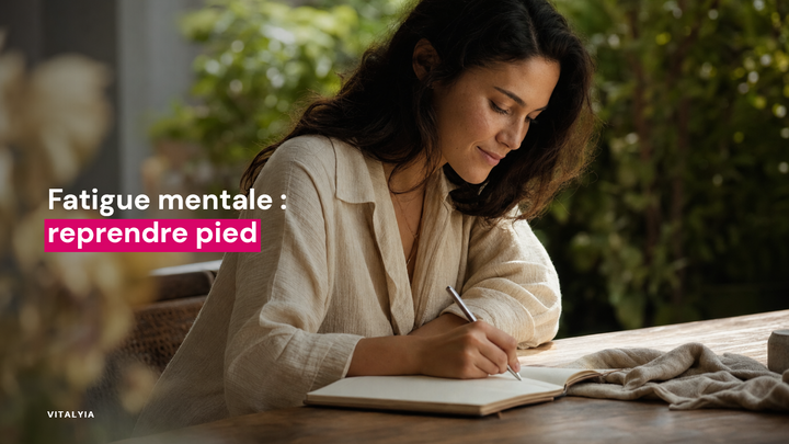 Femme écrivant dans un carnet à une table en bois, entourée de verdure