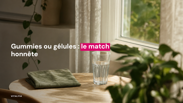 Un verre d'eau et un tissu vert sur une table en bois près d'une fenêtre avec des plantes