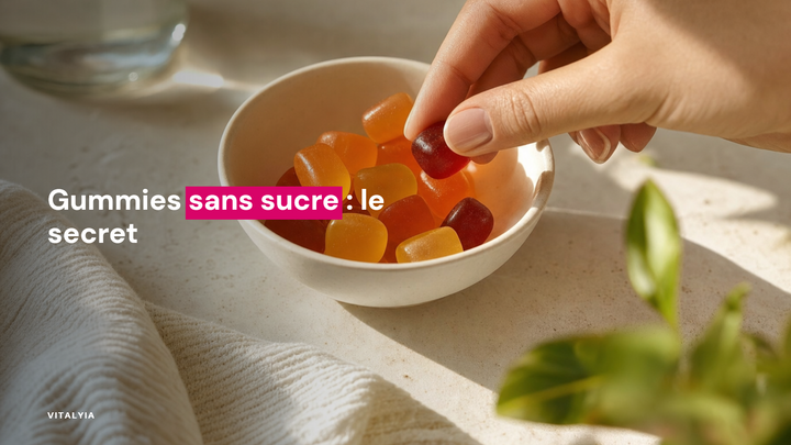 Une main prend un bonbon gélifié dans un bol blanc sur une table claire
