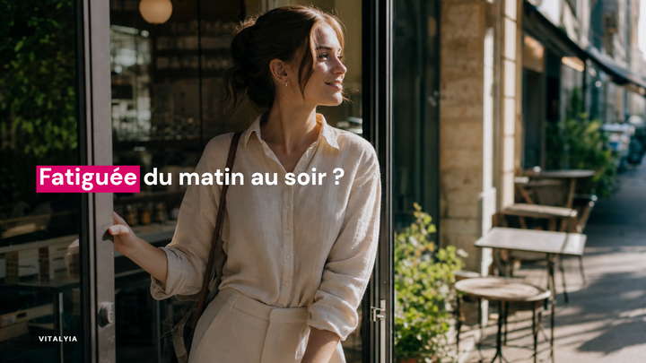 Femme souriante sortant d'un café ensoleillé avec des tables en terrasse