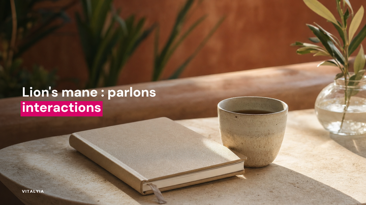 Un carnet et une tasse sur une table en pierre avec des plantes en arrière-plan.