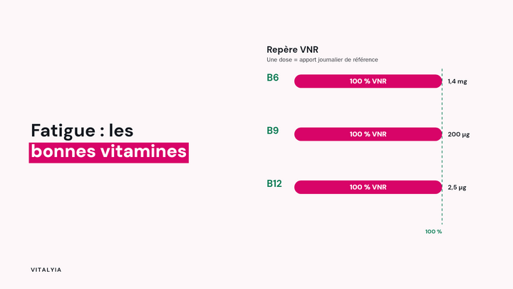 Schéma VNR des vitamines B6, B9 et B12 avec trois barres à 100 %
