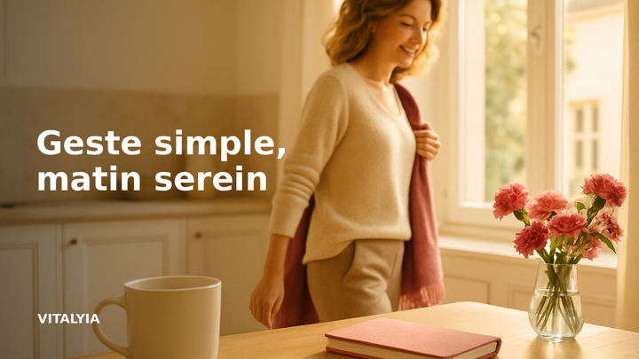 Femme en mouvement dans une cuisine lumineuse pour illustrer une routine du matin simple