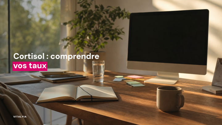Bureau en bois avec un ordinateur éteint, un carnet ouvert, une tasse et des post-it colorés