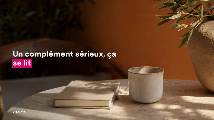 Un carnet et une tasse en céramique sur une table en pierre avec un vase et des plantes.