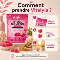 Comment prendre Vitalyia en trois étapes : ouvrir le sachet, prendre 2 gummies cœur, le matin au réveil