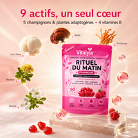 Les 9 actifs de Vitalyia autour du sachet Rituel du Matin : Lion's Mane, Reishi, Cordyceps, Rhodiola, Bacopa et les vitamines B5, B6, B9, B12