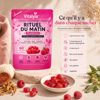 Ce que contient chaque sachet Vitalyia : 60 gummies cœur, 30 matins, sans sucres ajoutés, sans gluten, sans gélatine, végétalien