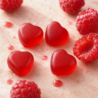 Gros plan sur quatre gummies en forme de cœur, rouge framboise, et des framboises fraîches