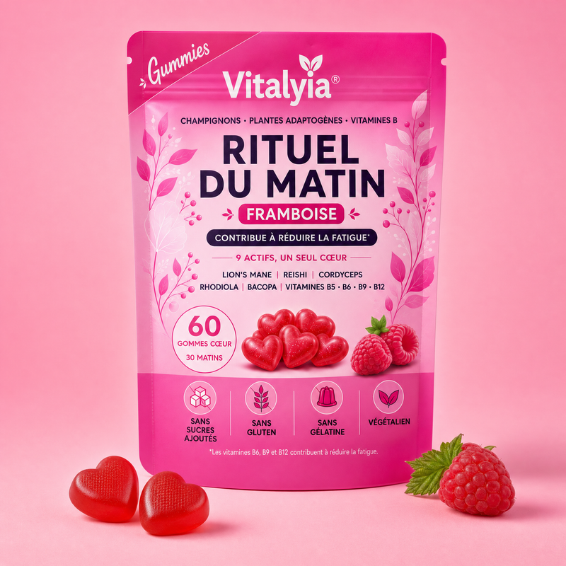 Sachet Vitalyia Rituel du Matin goût framboise, 60 gummies cœur, sur fond rose